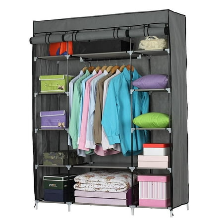 Portable Clothes Closet Fabric Wardrobe Double Rod Storage Organizer Gray 46"